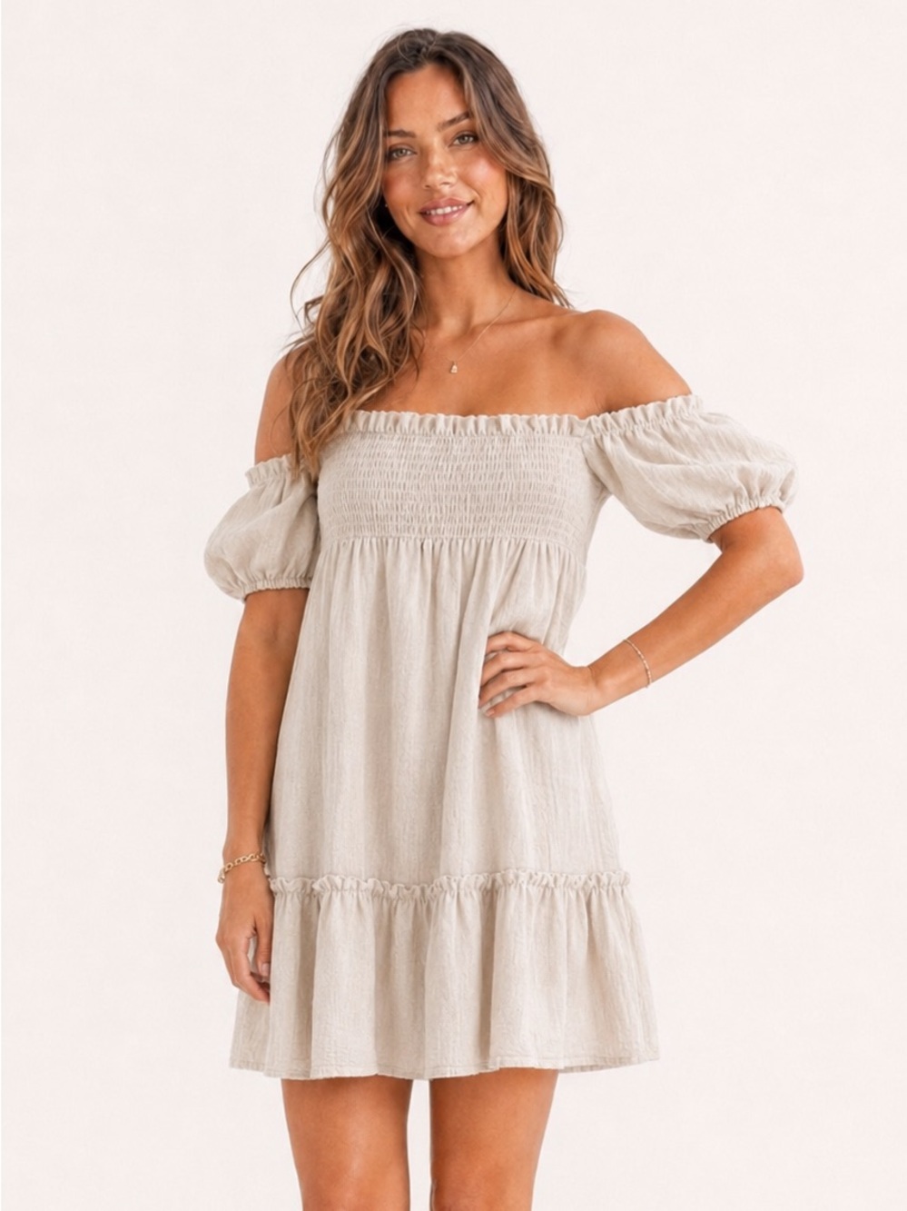 SABO SKIRT Ranetta Linen Blend Mini Dress Size 4 Beige Off Shoulder Babydoll